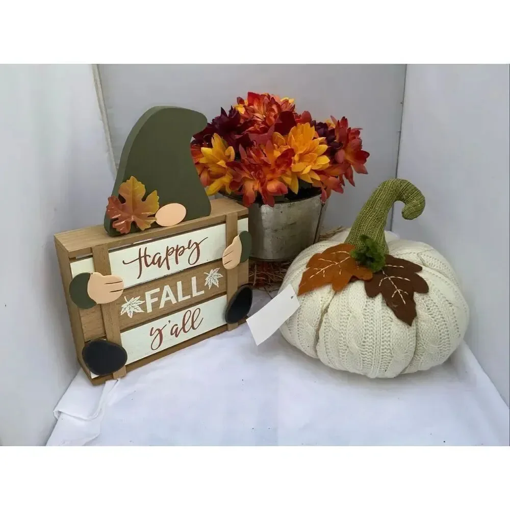 🍁 Fall Harvest Décor 2 Piece Bundle Knit Pumpkin & Happy Fall Y’all Gnome Sign